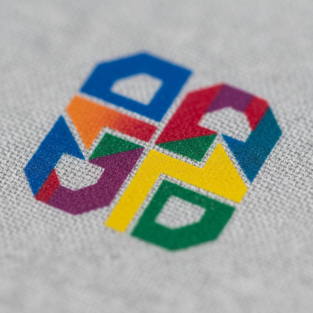 Nahaufnahme eines mehrfarbigen geometrischen DTF-Drucks auf Textil